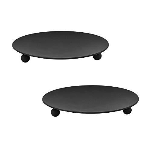 Product Cover Iron Plate Candle Holder, Black, Decorative Iron Pillar Candle Plate, Set of 2, 4.75 inches D x .7 inches H, Pedestal Candle Stand for LED & Wax Candles, Incense Cones, Spa, Weddings