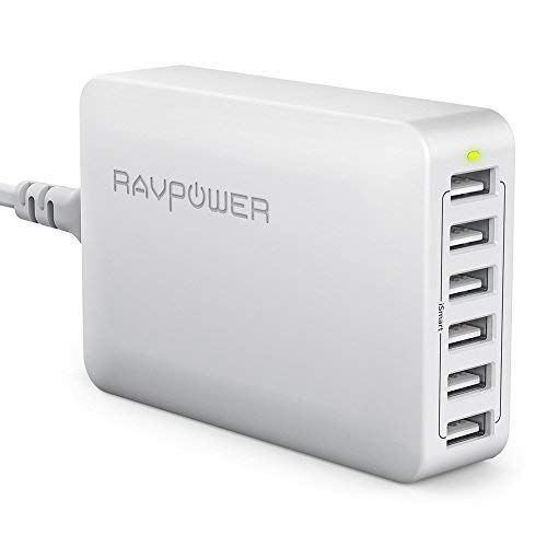 Product Cover USB Charger RAVPower 60W 12A 6-Port Desktop USB Charging Station with iSmart Multiple Port, Compatible iPhone 11 Pro Max XS Max XR X 8 Plus, Ipad Pro Air Mini, Galaxy S9 Edge, Tablet and More (White)