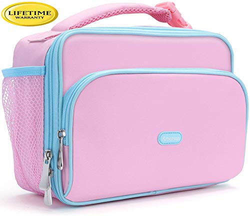 Product Cover Amersun Kids Lunch Box,Durable Insulated School Lunch Bag with Padded Liner Keeps Food Warm Cold Longer Time,Small Water-resistant Thermal Travel Office Lunch Cooler for Teen Girls-2 Pockets,Pink