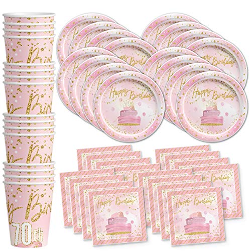 Product Cover 70th Pink and Gold Birthday Party Supplies Set Plates Napkins Cups Tableware Kit for 16