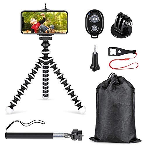 Product Cover Phone Tripod Selfie Stick Kit, SmilePowo Flexible Tripod Stand Extensible Selfie Stick with Bluetooth Remote/Adapter/Clip for iPhone,Android Phones,GoPro Sports Action Camera,Small Digital Camera (M)