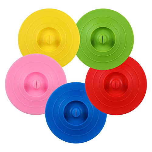 Product Cover ME.FAN Silicone Cup Lids - Circle Cup Cover [5 Set] Anti-dust Airtight Seal Mug Cover - Hot Cup Lids/Spoon Holder - Silicone Drink Bowl Lids In Bright Colors