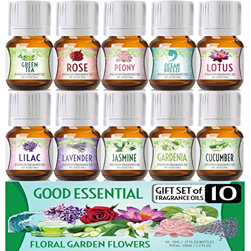 Product Cover Floral Ocean Gardens Good Essential Fragrance Oil Set (Pack Of 10) 5Ml Set Includes Lavender, Rose, Jasmine, Lilac, Lotus, Peony, Gardenia, Green Tea, Cucumber, And Ocean Breeze Scented Oils