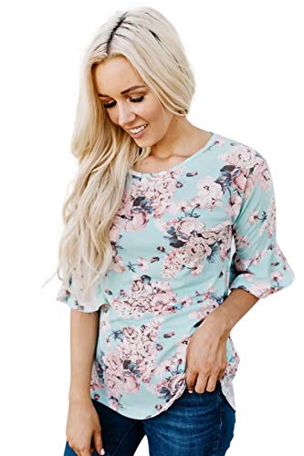 Product Cover wenseny Womens Floral Printing T Shirts Flounce Half Sleeve Tops Fashion Flowy Tunic Crew Neck Curved Hem Blouse Shirt