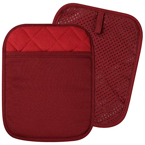 Product Cover 100% Cotton with Silicone Kitchen Everyday Basic Pot Holder Heat Resistant Coaster Potholder Oven Mitts with Pocket for Cooking and Baking Set of 2 Red