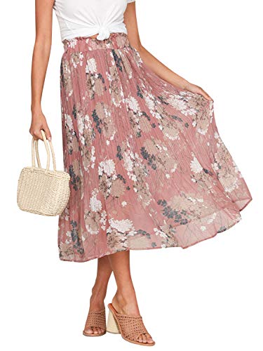 Product Cover Fashiomo Women's High Waist Chiffon Floral Ruffle Pleated Midi Skirt Pink Print,S