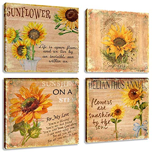 Product Cover Flower Painting Art 4 Panles Abstract Still Life Sunflower Artwork Canvas Picture Print for Living Room Home Decor