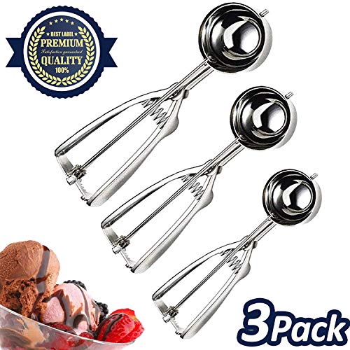 Product Cover Cookie Scoop Set 3 PCS Stainless Steel Ice Cream Scoop Trigger Include small size (1.58 inch), medium size (1.97 inch), large size (2.37 inch), Melon Scoop (cookie scoop)