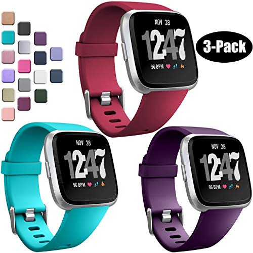 Product Cover Wepro Bands Compatible with Fitbit Versa/Fitbit Versa 2/Fitbit Versa Lite SE SmartWatch for Women Men, Sports Replacement Wristband Strap for Fitbit Versa Watch, Small, 3 Pack, Wine Red, Plum, Teal