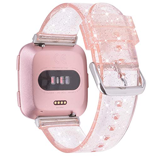 Product Cover iiteeology Compatible with Fitbit Versa Bands, Soft TPU Clear Glitter Band for All Fitbit Versa/Versa Lite Edition/Versa SE Smart Watches Women (Pink/Silver)