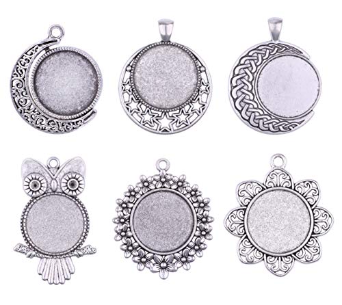 Product Cover 12pcs 25mm Mix Owl Flower Moon Round Pendant Rotation Trays Cameo Setting Cabochon Dome for Crafting DIY Jewelry Making (11562)