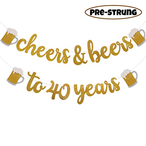 Product Cover Faisichocalato Cheers & Beers to 40 Years Gold Glitter Banner for 40th Birthday Wedding Anniversary Party Decorations Pre Strung & Ready to Hang, Beer Party Decorations