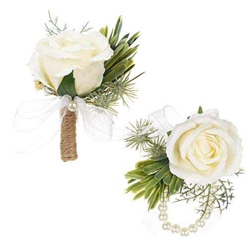 Product Cover DearHouse 2Pcs Boutonniere Buttonholes and Wrist Corsage Wristband Roses Wrist Corsage, Groom Groomsman Best Man and Girl Brides Rose Flowers Accessories Prom Suit Decoration