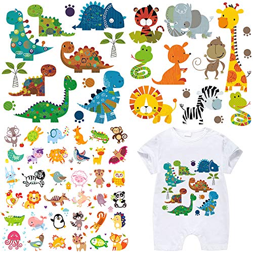 Product Cover Kids Iron on Transfers Patches Set 3 Sheets Assorted Cute Dinosaur Animal Iron on Appliques Patches DIY Heat Transfer Stickers for T-Shirt Clothing Jeans Backpacks
