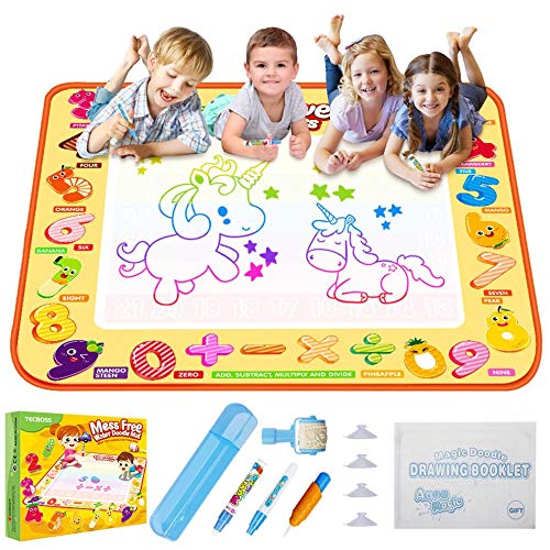 Product Cover TECBOSS Water Drawing Mat，Aqua Educational Magic Doodle Mat Large Mess Free Kids Painting Writing Doodle Board Christmas Birthday Gift Toys for Age 2 3 4 5 Years Old Girls Boys Toddler
