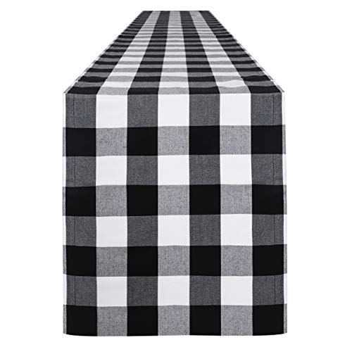Product Cover Syntus 14 x 108 inch Buffalo Check Table Runner Cotton-Polyester Blend Handmade Black and White Plaid for Family Dinner, Outdoor or Indoor Parties, Thanksgiving, Christmas & Gathering