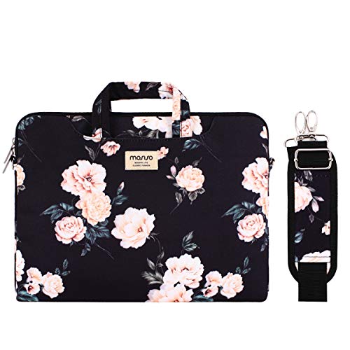 Product Cover MOSISO Laptop Shoulder Bag Compatible with 2019 MacBook Pro 16 inch A2141, 15-15.6 inch MacBook Pro 2012-2019, Notebook, Canvas Pattern Briefcase Sleeve with Back Trolley Belt, Apricot Peony