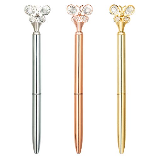 Product Cover PASISIBICK Butterfly Ballpoint Pens，3 Pcs Rose Gold and Silver Metal Pens with Black Ink