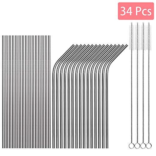 Product Cover [30 PCS] Value Pack Reusable Stainless Steel Straws Combinations, Attom Tech Home Metal Straw Sets with Cleaning Brushes, 15 Straight 15 Bent For Tumblers Beverage Drinks Cocktail (Silver)