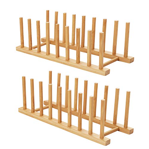 Product Cover HBlife 2pcs Bamboo Dish Plate Bowl Cup Book Pot Lid Cutting Board Drying Rack Stand Drainer Storage Holder Organizer Kitchen Cabinet（Keep Dry）
