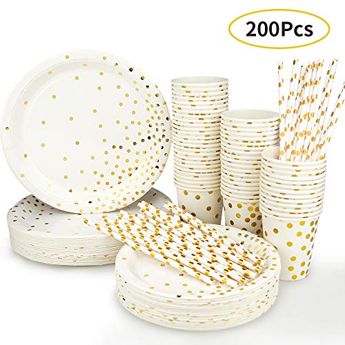 Product Cover Disposable Paper Plates Party Supplies - Gold Metallic Foil Dots 50 Dinner Plates 50 Dessert Plates 50 Paper Straws and 50 9 Ounce Cups for Family Friend Work Birthday Party (200pcs)