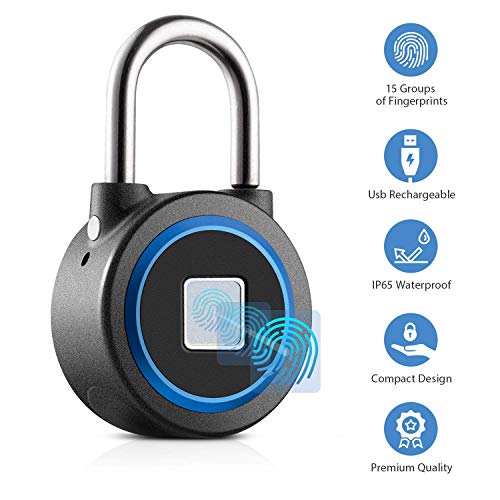 Product Cover Fingerprint Padlock Thumbprint Bluetooth Lock USB Rechargeable IP65 Waterproof Ideal for Locker, Handbags, Golf Bags, Wardrobes, Gym, Door, Luggage, Suitcase, Backpack, Bike, Office (Blue)