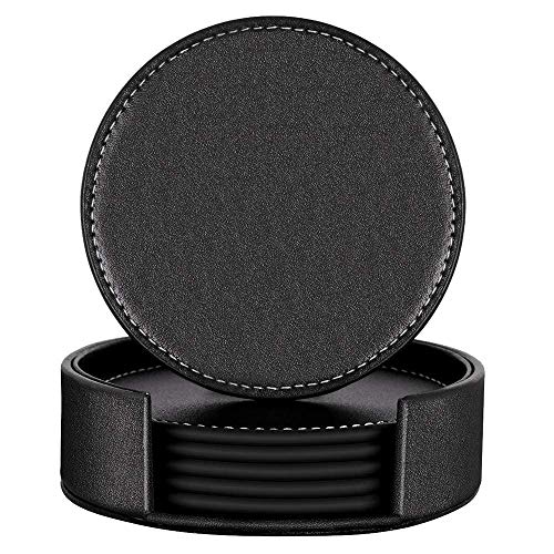 Product Cover Leather Coasters, Thipoten Set of 6 PU Coaster set with Holder, Protect Furniture from Water Marks Scratch and Damage(6Pcs, Black)