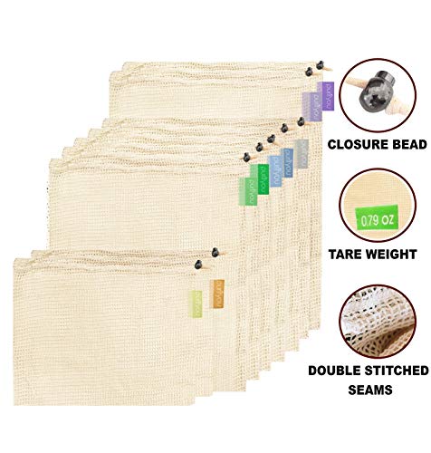 Product Cover purifyou Premium Reusable Mesh/Produce Bags, Set of 9 | Raw, Organic, Unbleached Cotton | Double-Stitched, with Tare Weight on Tags | Large, Medium & Small