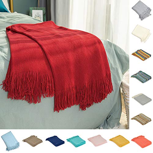 Product Cover INSHERE Red Solid Color Knitted Woven Throw Blanket with Tassels Fringe Soft Cozy Warm Lightweight Winter Home Decor for Couch Bed Chair Sofa Living Room 51''x67''