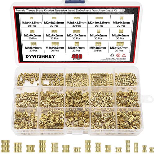 Product Cover DYWISHKEY 400 Pieces M2 M3 M4 M5 Female Thread Knurled Nuts Brass Threaded Insert Embedment Nuts Assortment Kit