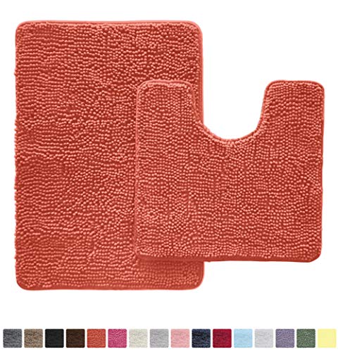 Product Cover Gorilla Grip Original Shaggy Chenille 2 Piece Area Rug Set Includes Oval U-Shape Contoured Mat for Toilet and 30x20 Carpet Rug, Machine Wash Dry Mats, Plush Rugs for Tub, Shower and Bath Room, Coral