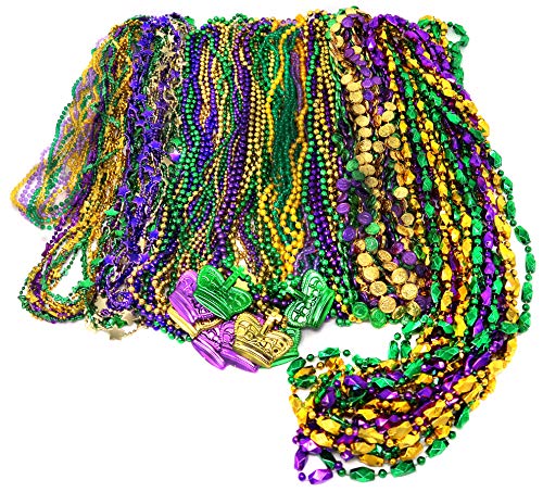 Product Cover Mardi Gras Beads Necklaces Assortment - Bulk Pack of 100 Verity of Styles and Colors - Great Party Favors Supplies, By 4E's Novelty