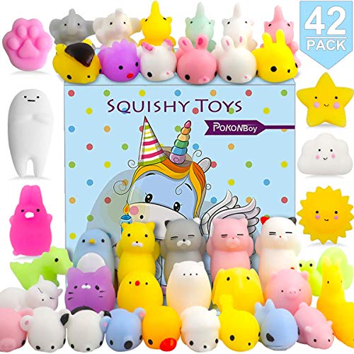 Product Cover POKONBOY 42 Pack Mochi Squishy Toys Squishies, Cat Panda Unicorn Squishy Mini Kawaii Squishies Birthday Party Favors Cute Animals Stress Relief Toys Carnival Prizes for Kids Boys Girls Christmas