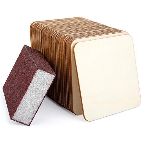 Product Cover 36 Pack 4 Inch Unfinished Wood Pieces Plaque Square Blank Wood with Sanding Sponge Round Corner Wood Coasters Wooden Cutouts for Painting, Writing, DIY Arts Crafts Project, Decoration