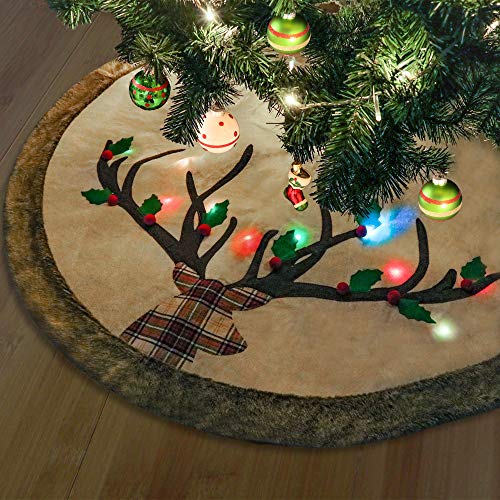 Product Cover Valery Madelyn 48 inch Pre-lit Woodland Christmas Tree Skirt Decorations with LED Lights, 3D Reindeer and Faux Fur Trim, Themed with Christmas Ornaments (Not Included)