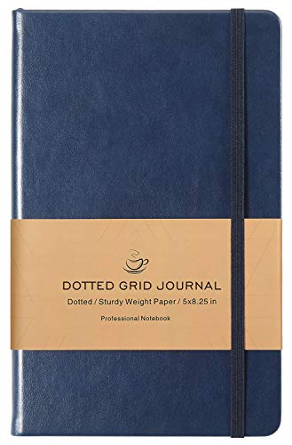 Product Cover Dotted Grid Notebook/Journal - Dot Grid Hard Cover Notebook, Premium Thick Paper with Fine Inner Pocket, Navy Smooth Faux Leather, 5''×8.25''