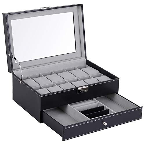Product Cover Hossejoy Leather Watch Box 12 Mens Watch Organizer with Jewelry Display Drawer Lockable Watch Case Organizer, Black