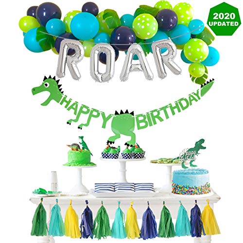 Product Cover Dinosaur Party Decorations Balloons Garland Kit with Silver ROAR Foil Balloon and Cute Jungle Theme Tassels for Boys 1 2 3 4 Birthday Party Supplies Baby Shower Backdrop Decor