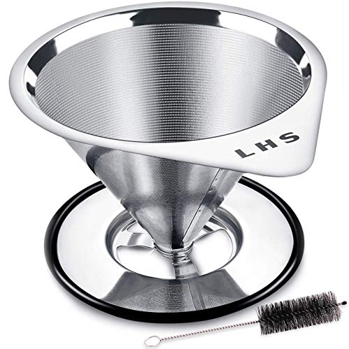 Product Cover Pour Over Coffee Dripper Stainless Steel LHS Slow Drip Coffee Filter Metal Cone Paperless Reusable Single Cup Coffee Maker 1-2 Cup With Non-slip Cup Stand and Cleaning Brush ...