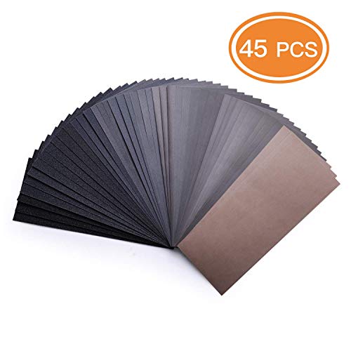 Product Cover 45-Piece 80 To 3000 Grit Wet Dry Sandpaper 9 x 3.6 Inches for Wet or Dry Sanding, Metal Sanding and Automotive Polishing Wood Furniture Finishing - ASD07C