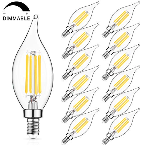 Product Cover E12 LED Candelabra Bulbs 60W Equivalent Dimmable, LED Chandelier Light Bulbs 6W, 4000K Daylight White 600LM CA11 Flame Tip Vintage LED Filament Candle Bulb with Decorative Candelabra Base, 12-Pack