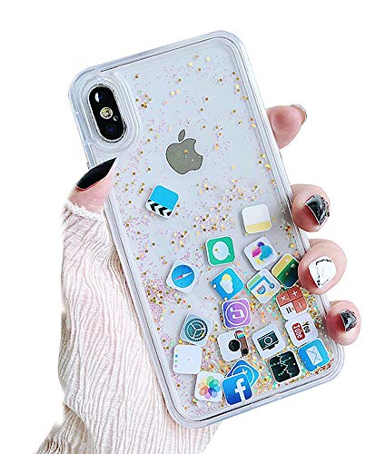 Product Cover UnnFiko Liquid Glitter Case Compatible with iPhone XR, Hard Back Colorful Bling Quicksand with iOS icon Apple APP Shine Phone Case (Gold Glitter, iPhone XR)