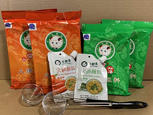 Product Cover Little Sheep Hot Pot Soup Base With Dipping Sauce And 2 pcs Strianer ladleCombo Set (Clear Broth & Spicy Pack of 4)
