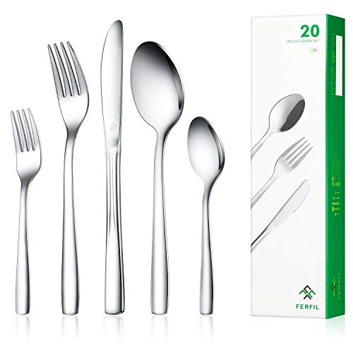 Product Cover Ferfil Flatware Sets, 20-Piece Stainless Steel Silverware/Cutlery/Tableware Sets Service for 4, Include Knife/Fork/Spoon, Mirror Polished, Dishwasher Safe
