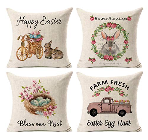 Product Cover Kithomer Set of 4 Happy Easter Rabbit Egg Throw Pillow Case Vintage Truck Cushion Cover Spring Home Decoration Cotton Linen 18 x 18 Inch