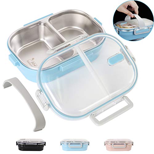 Product Cover Lunch Bento Box Stainless Steel Square Food Storage Container Leakproof with Sealed Compartment for Woman Man Work (Blue 2 Sealed Compartment)