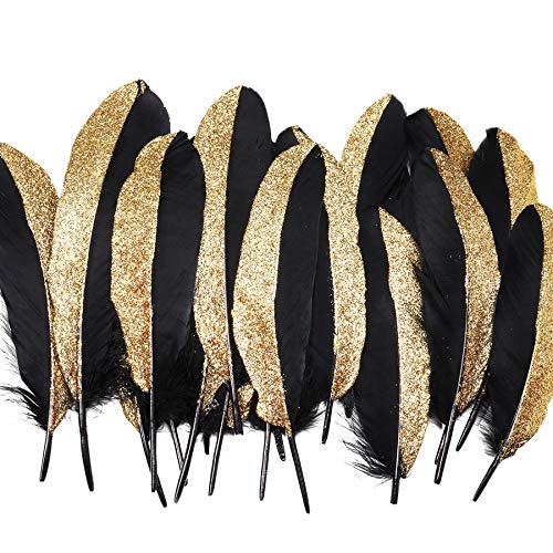 Product Cover BABEYOND 42 Pcs Gold Dipped Feather Goose Feather Natural Craft DIY Decoration Feather for Party Decoration Wedding Dress Up Room Decoration (Black & Gold)