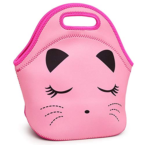 Product Cover Moonmo Cat Face Unicorn Face Insulated Neoprene Lunch Bag for Women and Kids - Reusable Soft Lunch Tote for Work and School (Cat Pink)