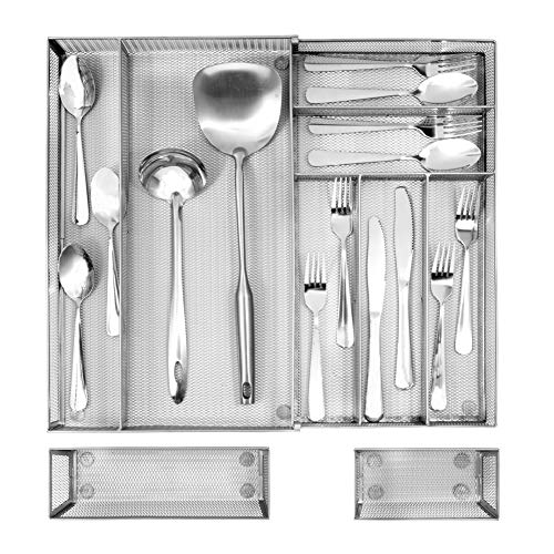 Product Cover Expandable Kitchen Drawer Organizer, 7+2 Separate Compartment with Anti-slip Mats Mesh Kitchen Cutlery Trays Silverware Storage Kitchen Utensil Flatware Tray