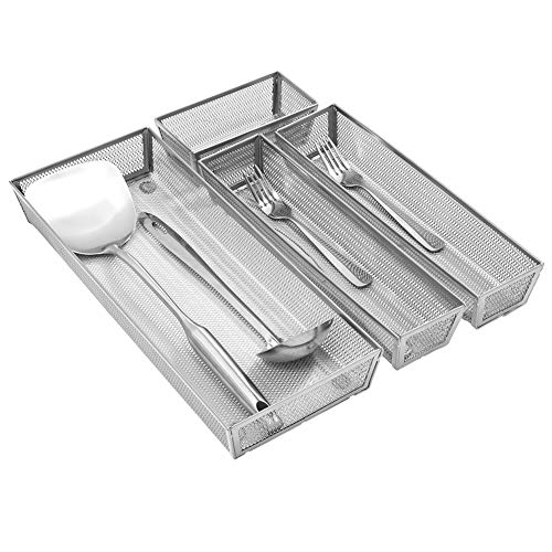 Product Cover Furniture Life Expandable Kitchen Drawer Organizer, 4 Separate Compartment with Anti-Slip Mats Mesh Kitchen Cutlery Trays Silverware Storage Kitchen Utensil Flatware Tray